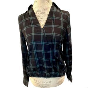 Madewell Shirt Size XS Womens Black Green Wrap Front Top Palma Plaid Blouse